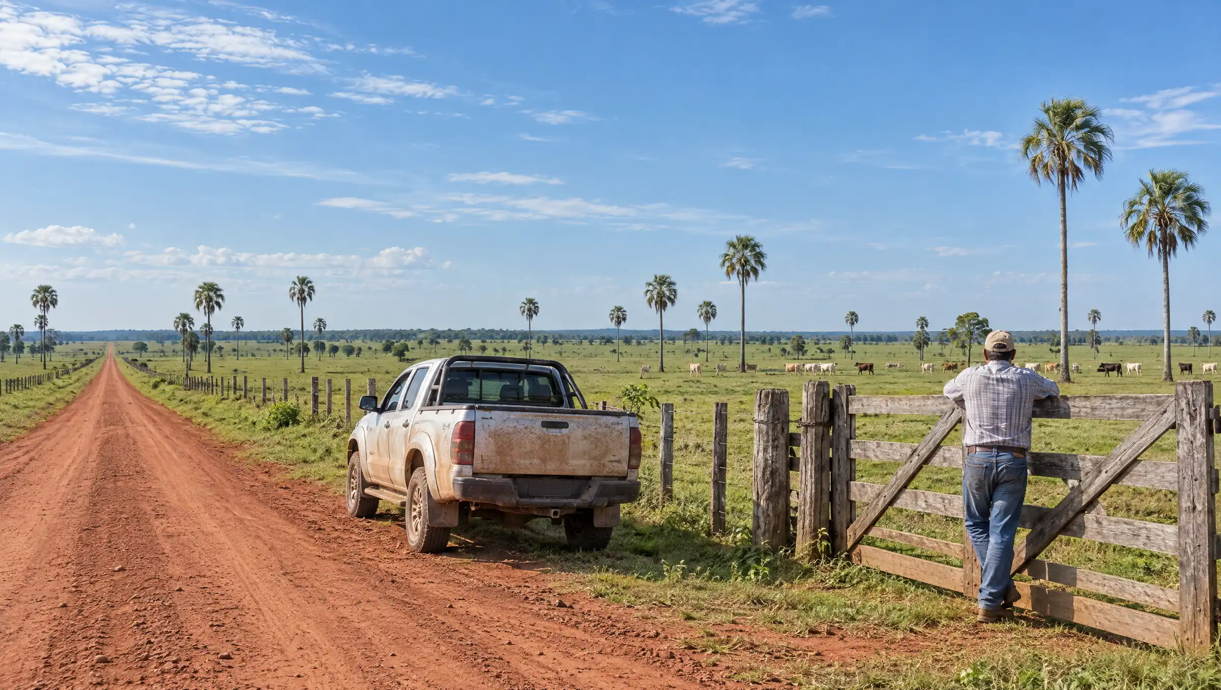Pickup truck on a red-earth road beside a wooden ranch gate, flat pasture and palms in rural Paraguay