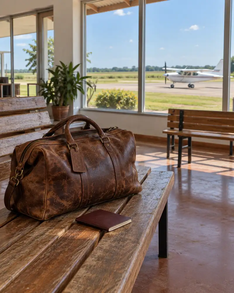Leather travel bag and passport on a bench in a small airport terminal overlooking flat green country
