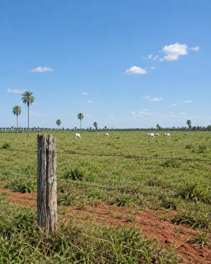 Weathered fence post on flat pasture with red earth, distant cattle and palms in rural Paraguay