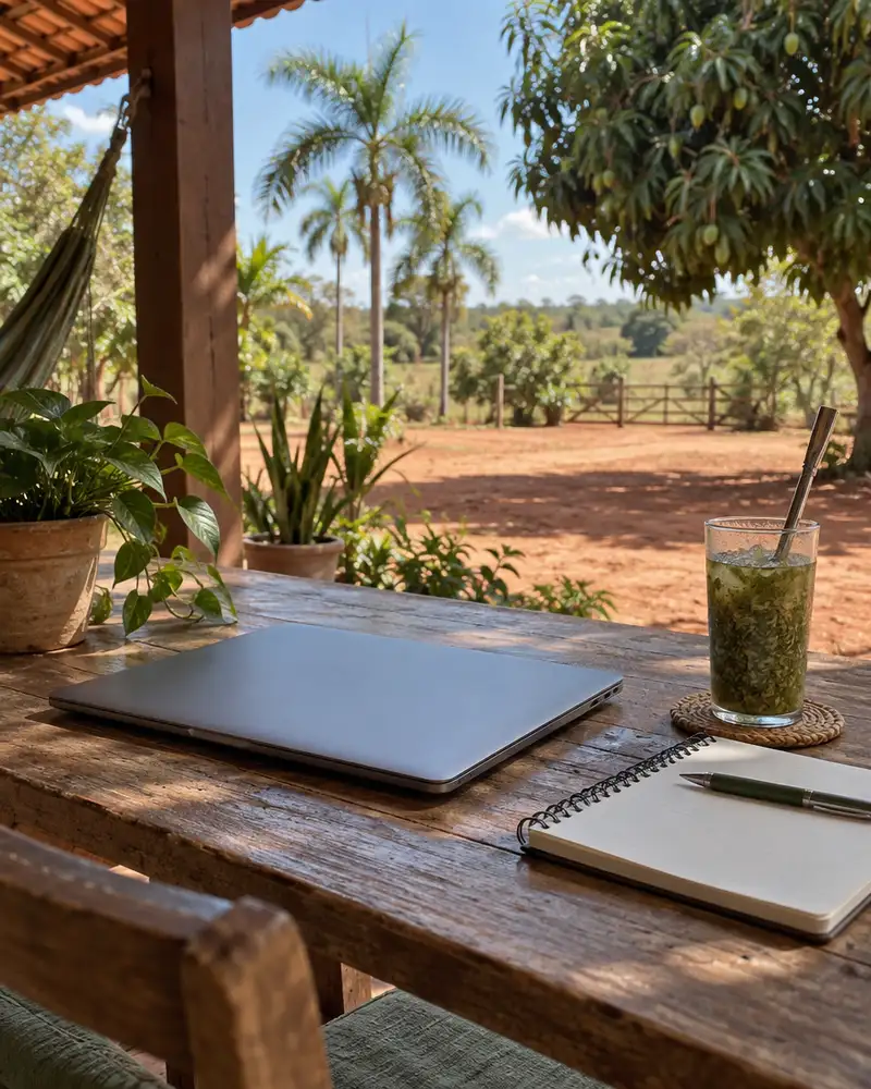 Laptop, notebook and iced tereré on a rustic table on a shaded veranda with palms beyond